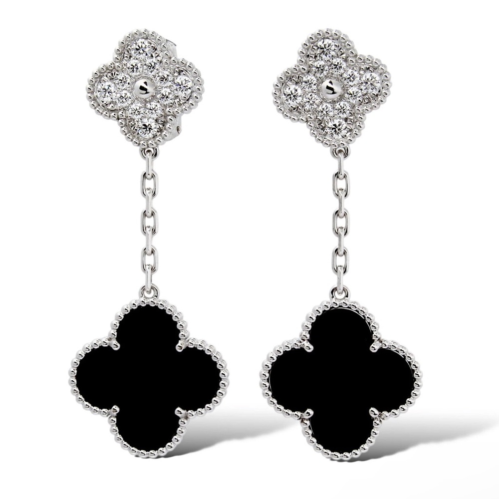 Silver and Black Clover Earrings with clasp clousure